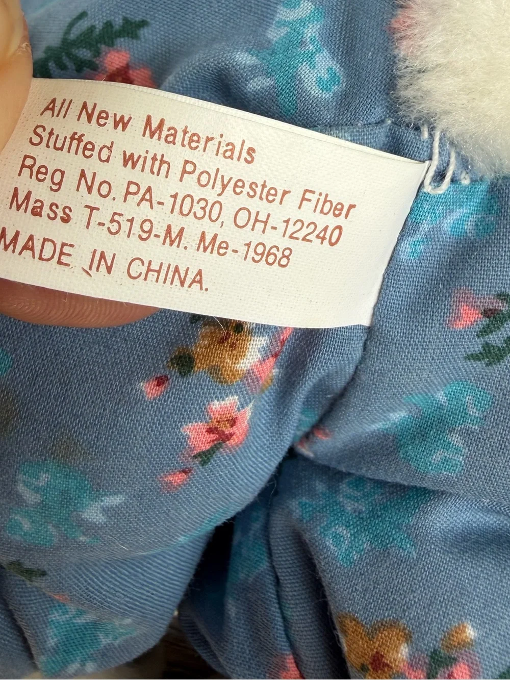 VTG Fiesta 8” Plush White Country Bunny Stuffed Animal Blue Floral Romper NOS